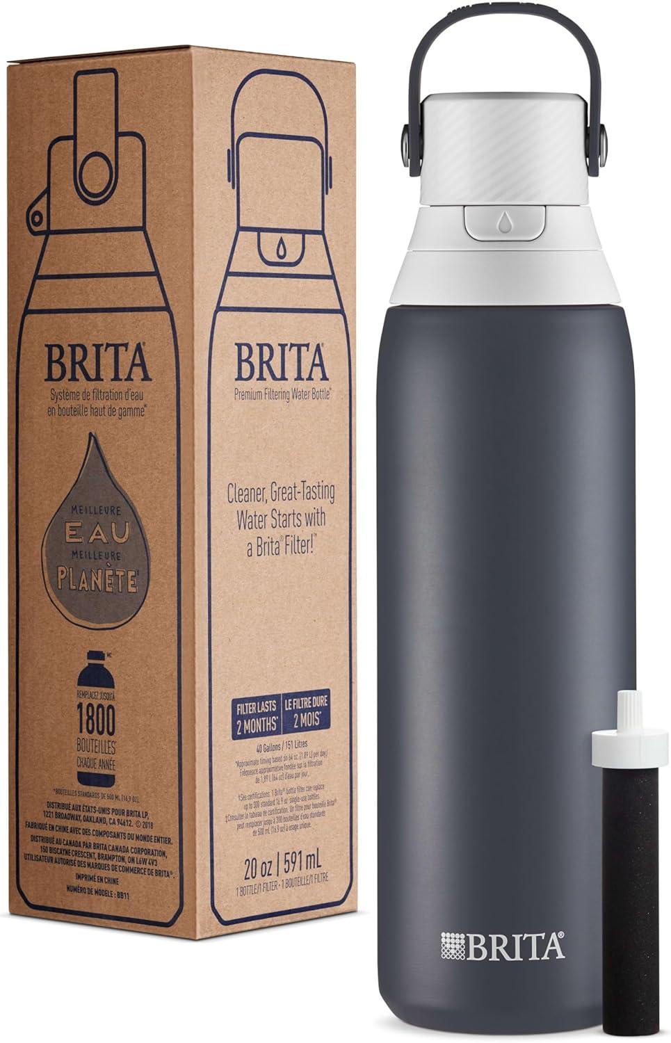 imageBrita Stainless Steel Premium Filtering Water Bottle BPAFree Reusable Insulated Replaces 300 Plastic Water Bottles Filter Lasts 2 Months or 40 Gallons Includes 1 Filter Glacier  20 ozCarbon