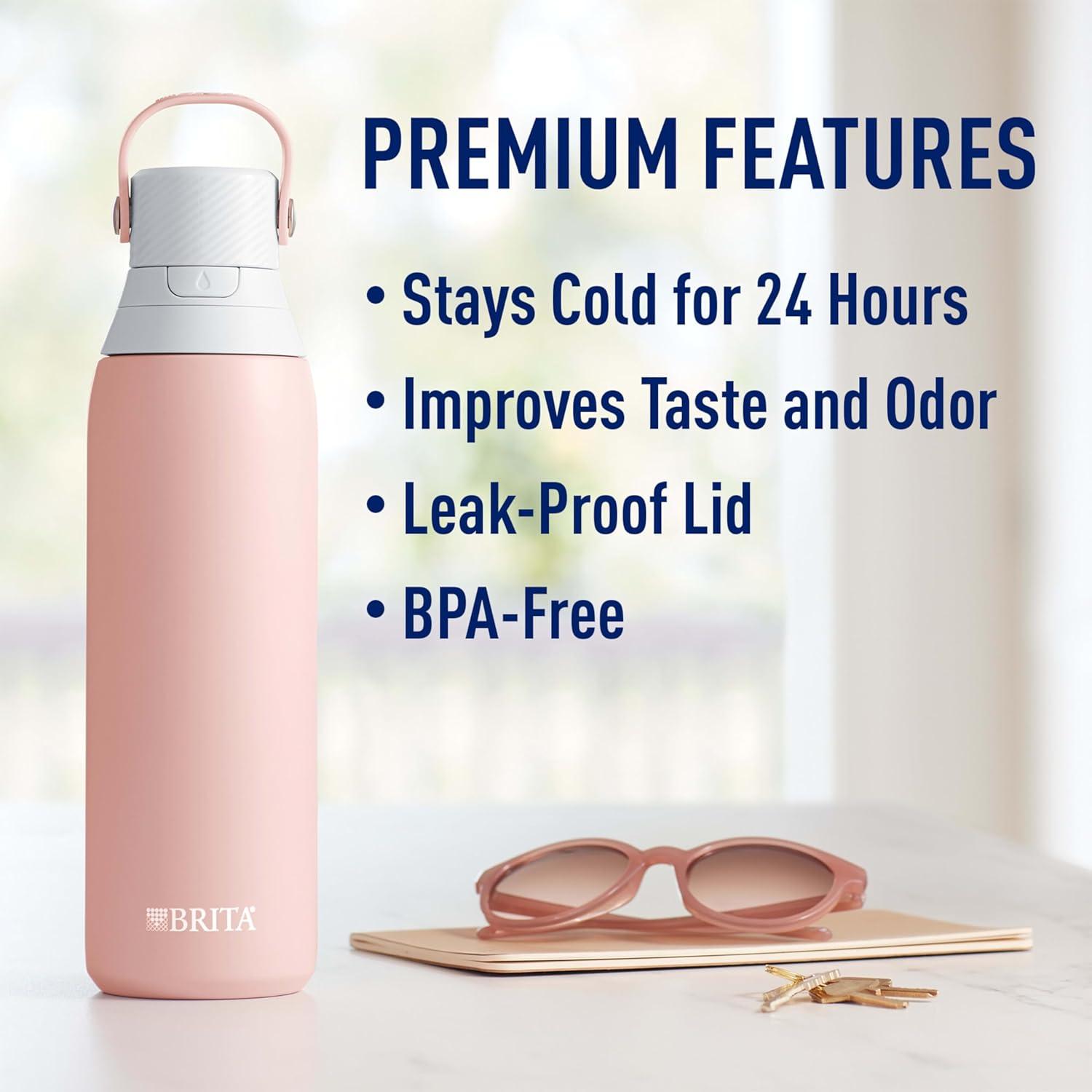 imageBrita Stainless Steel Premium Filtering Water Bottle BPAFree Reusable Insulated Replaces 300 Plastic Water Bottles Filter Lasts 2 Months or 40 Gallons Includes 1 Filter Glacier  20 ozRose