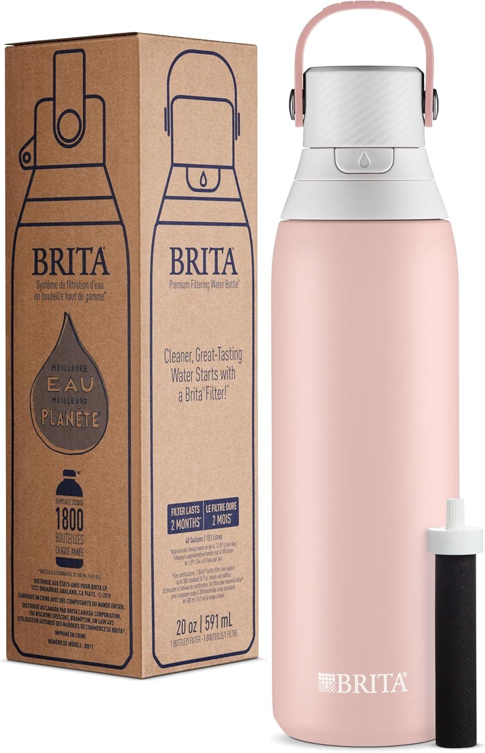 imageBrita Stainless Steel Premium Filtering Water Bottle BPAFree Reusable Insulated Replaces 300 Plastic Water Bottles Filter Lasts 2 Months or 40 Gallons Includes 1 Filter Glacier  20 ozRose