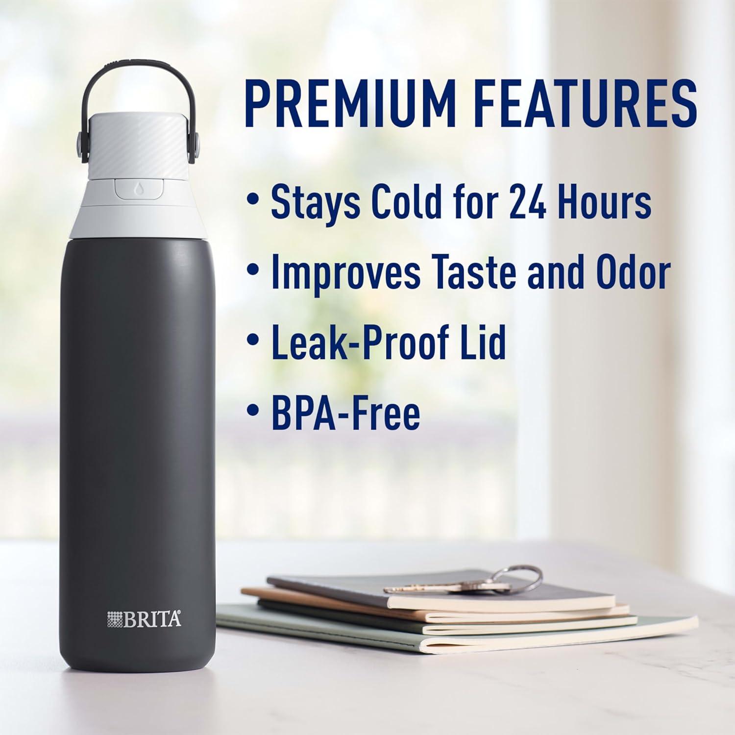 imageBrita Stainless Steel Premium Filtering Water Bottle BPAFree Reusable Insulated Replaces 300 Plastic Water Bottles Filter Lasts 2 Months or 40 Gallons Includes 1 Filter Glacier  20 ozCarbon