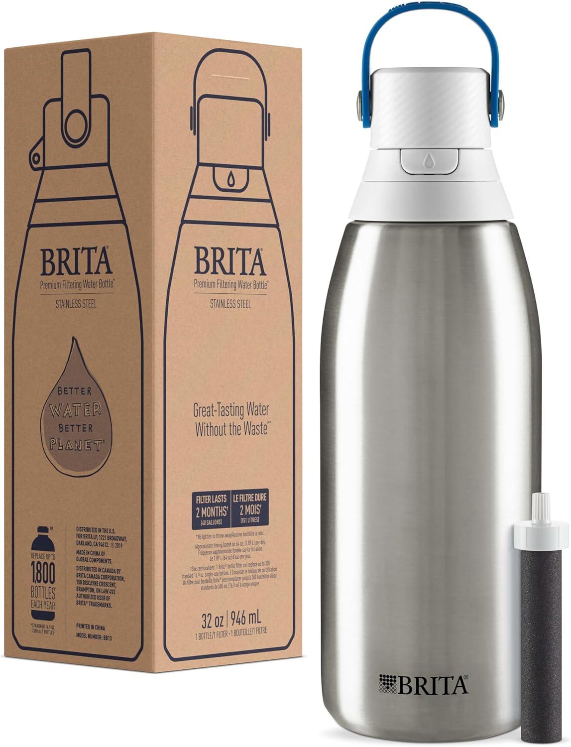 imageBrita Stainless Steel Premium Filtering Water Bottle BPAFree Reusable Insulated Replaces 300 Plastic Water Bottles Filter Lasts 2 Months or 40 Gallons Includes 1 Filter Glacier  20 ozStainless Steel