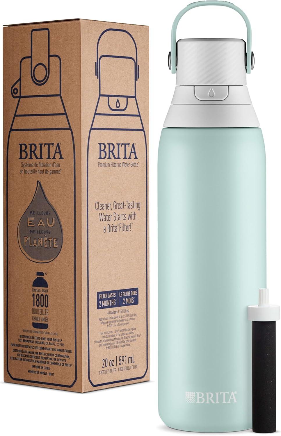 imageBrita Stainless Steel Premium Filtering Water Bottle BPAFree Reusable Insulated Replaces 300 Plastic Water Bottles Filter Lasts 2 Months or 40 Gallons Includes 1 Filter Glacier  20 ozGlacier