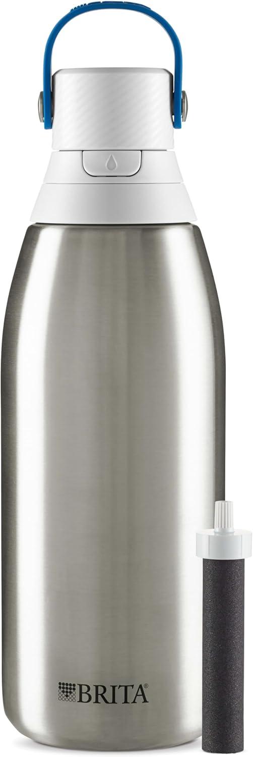 imageBrita Stainless Steel Premium Filtering Water Bottle BPAFree Reusable Insulated Replaces 300 Plastic Water Bottles Filter Lasts 2 Months or 40 Gallons Includes 1 Filter Glacier  20 ozStainless Steel