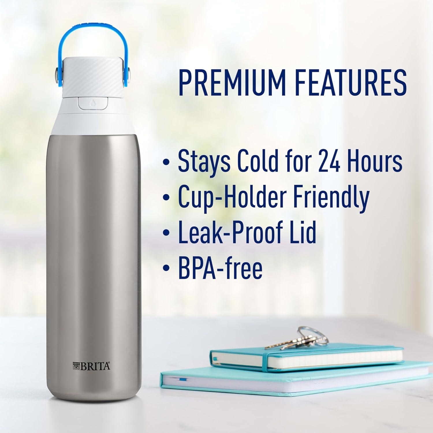 imageBrita Stainless Steel Premium Filtering Water Bottle BPAFree Reusable Insulated Replaces 300 Plastic Water Bottles Filter Lasts 2 Months or 40 Gallons Includes 1 Filter Glacier  20 ozStainless Steel
