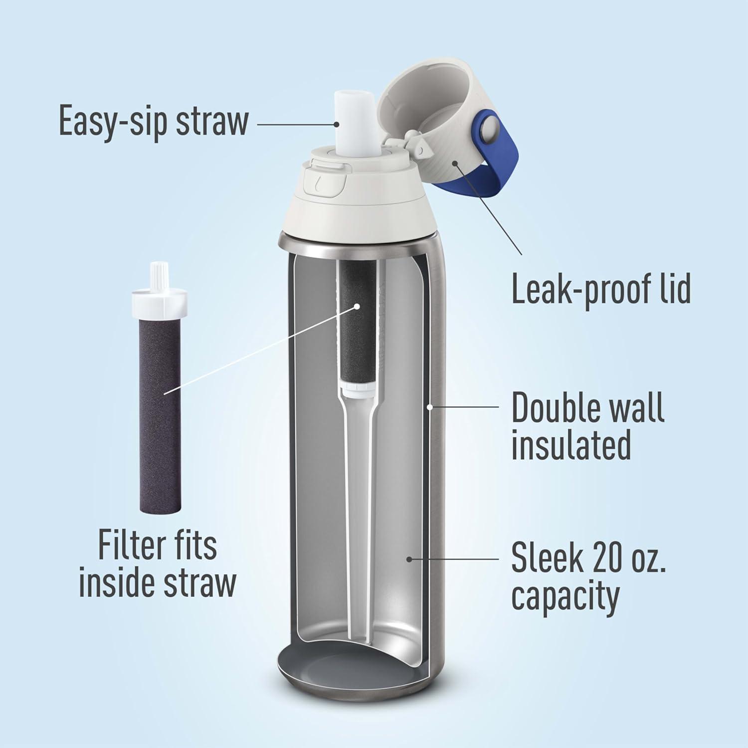 imageBrita Stainless Steel Premium Filtering Water Bottle BPAFree Reusable Insulated Replaces 300 Plastic Water Bottles Filter Lasts 2 Months or 40 Gallons Includes 1 Filter Glacier  20 ozStainless Steel