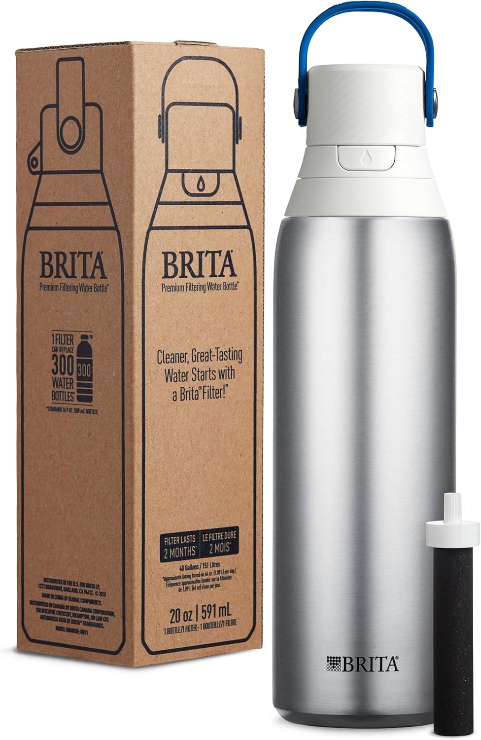 imageBrita Stainless Steel Premium Filtering Water Bottle BPAFree Reusable Insulated Replaces 300 Plastic Water Bottles Filter Lasts 2 Months or 40 Gallons Includes 1 Filter Glacier  20 ozStainless Steel