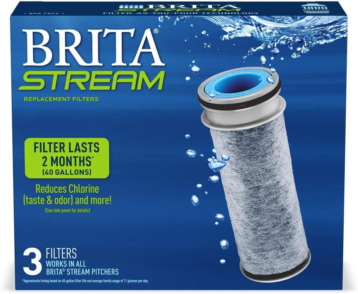 imageBrita Stream Pitcher Water Filter for Pitchers and Dispensers BPAFree Replaces 1800 Plastic Water Bottles a Year Lasts Two Months or 40 Gallons Includes 3 Filters3 Count