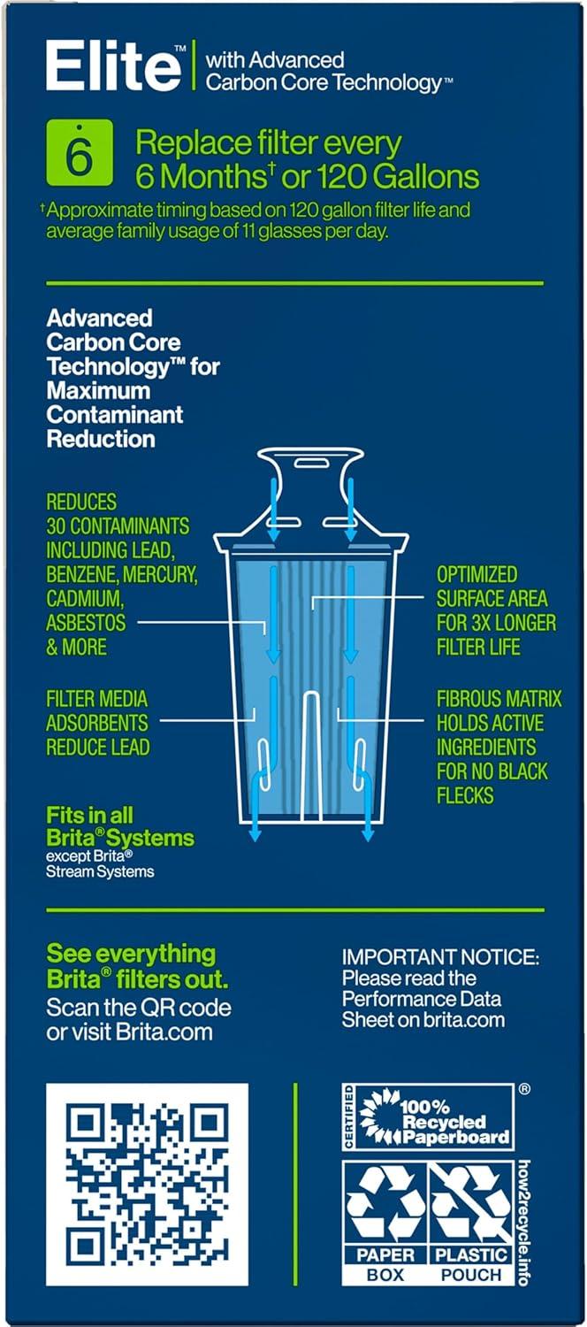 imageBrita Elite Water Filter Replacement for Pitchers and Dispensers BPAFree Reduces 99 of Lead Lasts Six Months or 120 Gallons Includes 1 Pitcher Replacement Filter1 Count Pack of 1