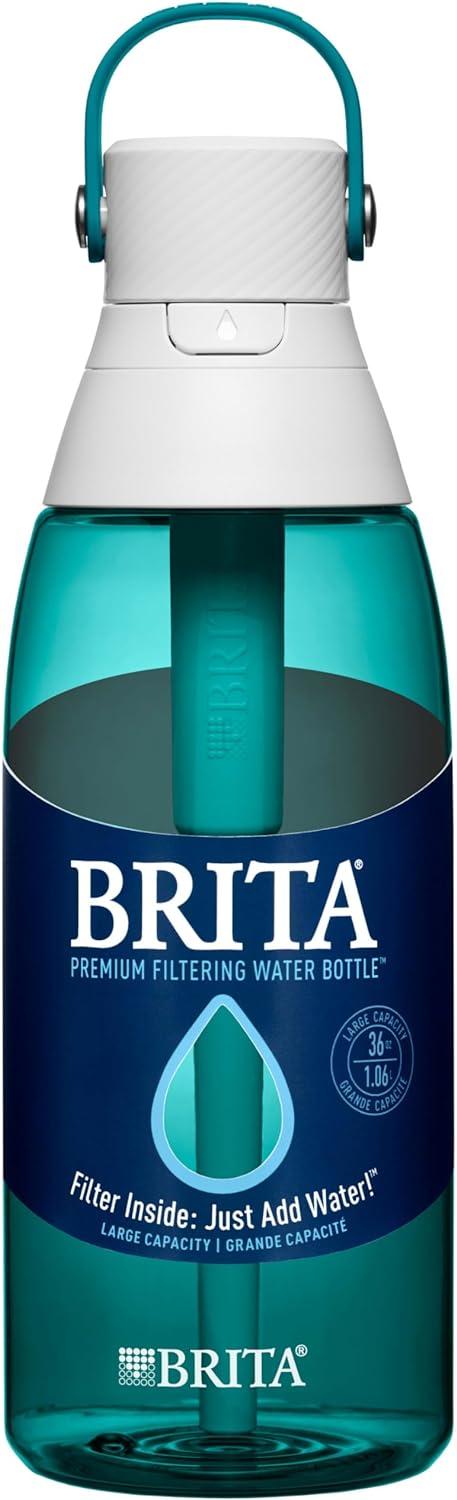imageBrita HardSided Plastic Premium Filtering Water Bottle BPAFree Reusable Replaces 300 Plastic Water Bottles Filter Lasts 2 Months or 40 Gallons Includes 1 Filter Sea Glass  36 oz