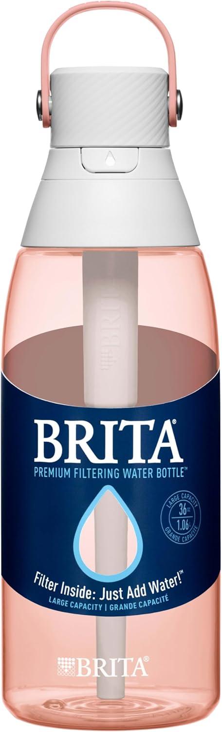 imageBrita HardSided Plastic Premium Filtering Water Bottle BPAFree Reusable Replaces 300 Plastic Water Bottles Filter Lasts 2 Months or 40 Gallons Includes 1 Filter Blush  36 oz