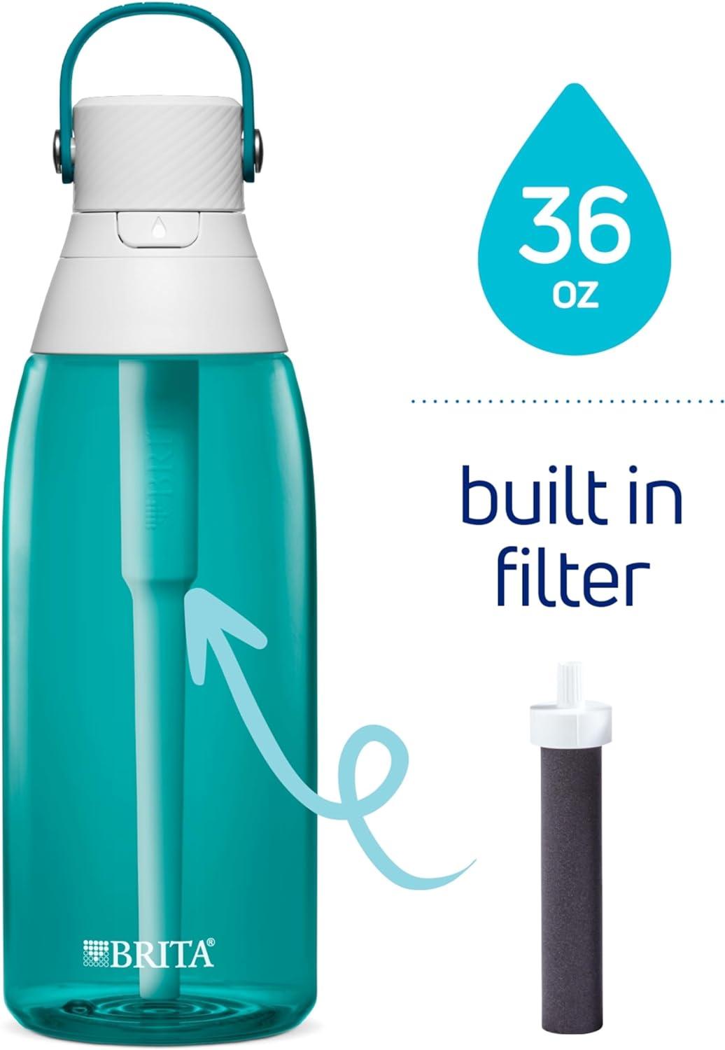 imageBrita HardSided Plastic Premium Filtering Water Bottle BPAFree Reusable Replaces 300 Plastic Water Bottles Filter Lasts 2 Months or 40 Gallons Includes 1 Filter Sea Glass  36 oz