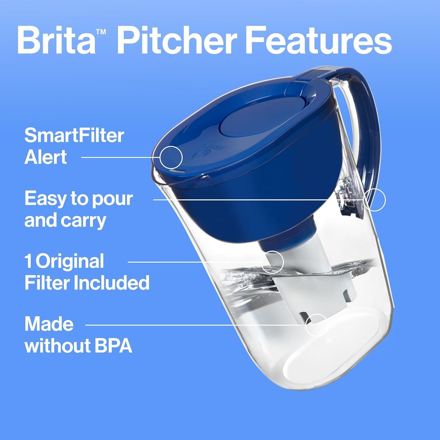 imageBrita Large Water Filter Pitcher for Tap and Drinking Water with SmartLight Change Indicator Includes 1 Standard Filter BPAFree Lasts 2 Months 10Cup Capacity Mazarine Blue