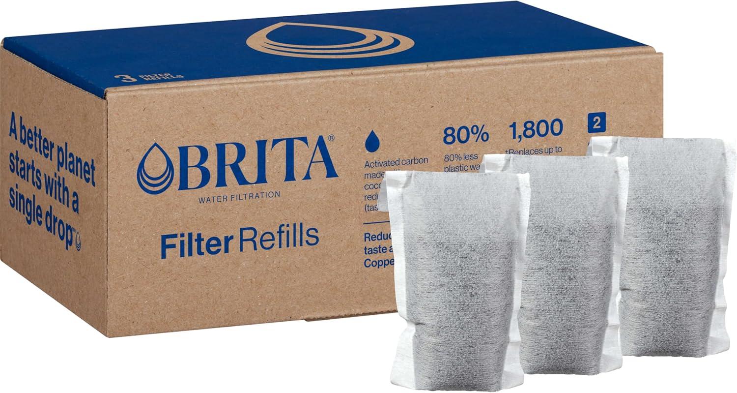 imageBrita Refillable Water Filter Refill Packs for Pitchers and Dispensers BPAFree 80 Less Plastic Each Lasts Two Months For Use with Refillable Shell Sold Separately 3 Filters3 Refills