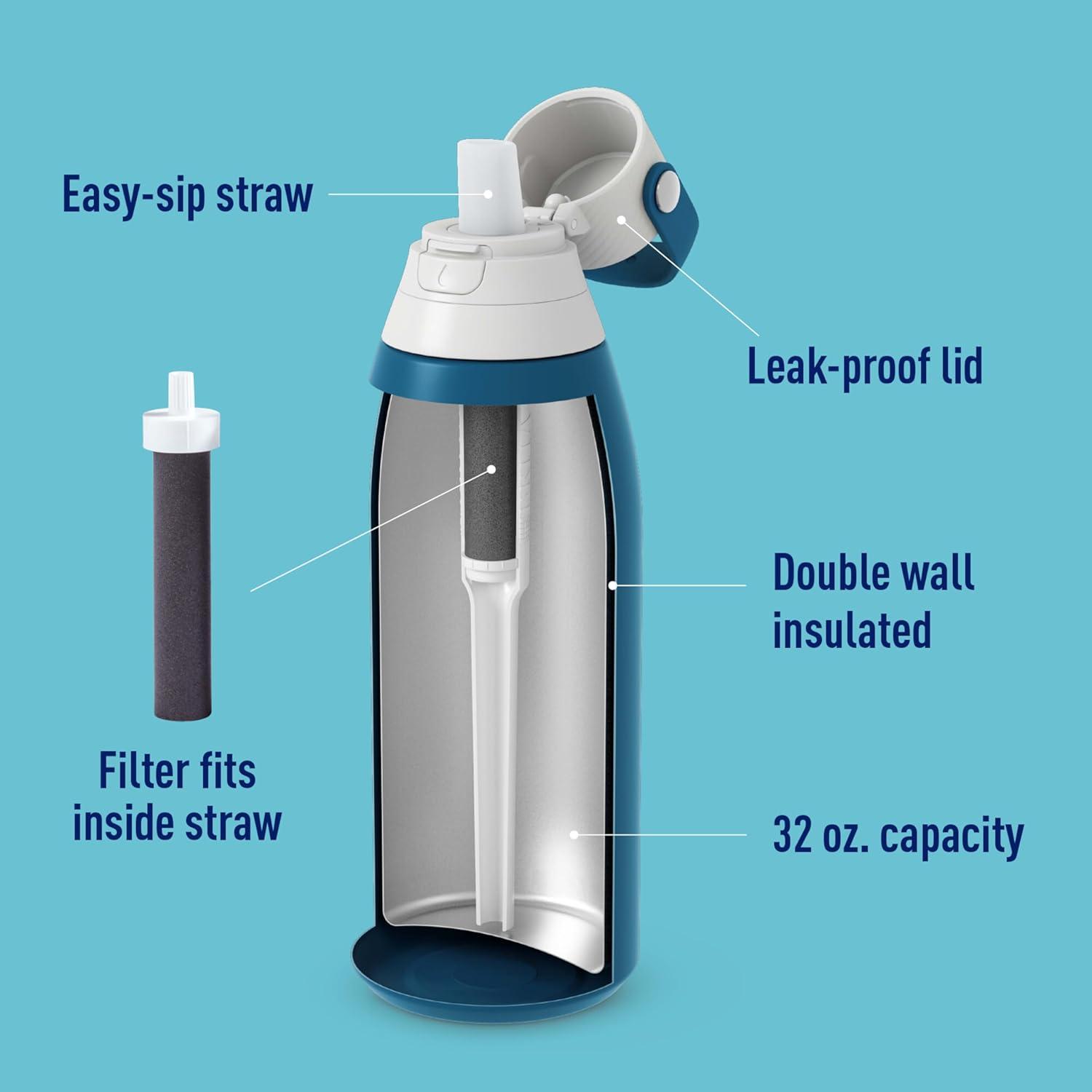 imageBrita Stainless Steel Premium Filtering Water Bottle BPAFree Reusable Insulated Replaces 300 Plastic Water Bottles Filter Lasts 2 Months or 40 Gallons Includes 1 Filter Marina  32 oz32 Ounces