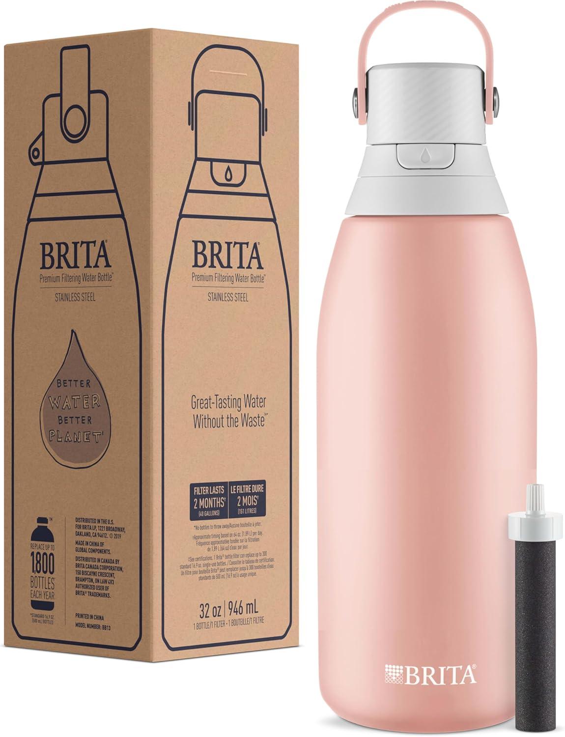 imageBrita Stainless Steel Premium Filtering Water Bottle BPAFree Reusable Insulated Replaces 300 Plastic Water Bottles Filter Lasts 2 Months or 40 Gallons Includes 1 Filter Rose  32 oz32 Ounces