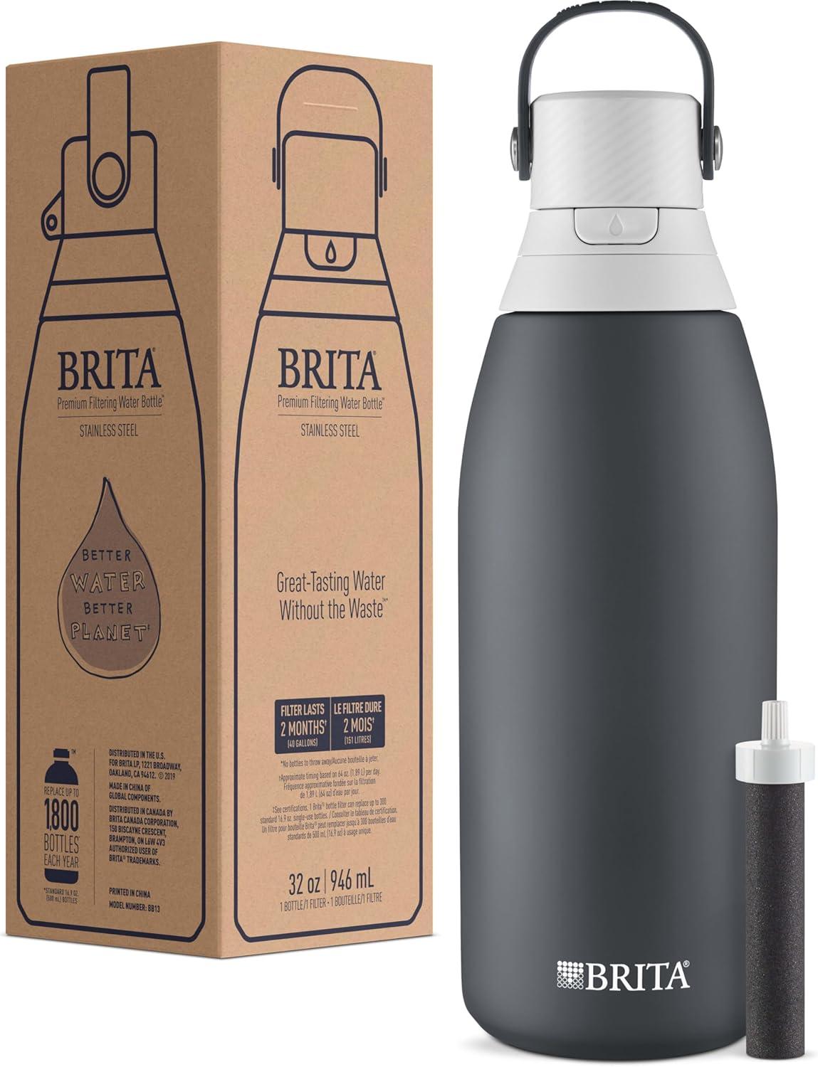 imageBrita Stainless Steel Premium Filtering Water Bottle BPAFree Reusable Insulated Replaces 300 Plastic Water Bottles Filter Lasts 2 Months or 40 Gallons Includes 1 Filter Carbon  32 oz32 Ounces