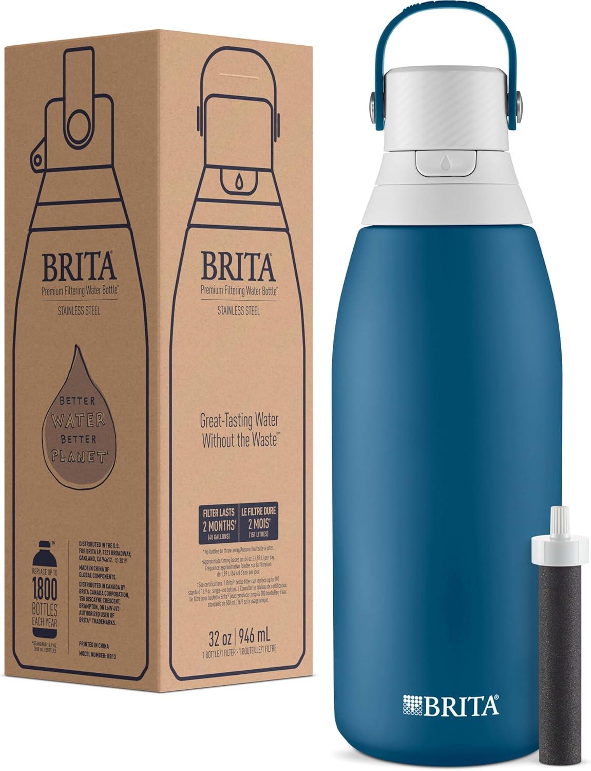 imageBrita Stainless Steel Premium Filtering Water Bottle BPAFree Reusable Insulated Replaces 300 Plastic Water Bottles Filter Lasts 2 Months or 40 Gallons Includes 1 Filter Marina  32 oz32 Ounces