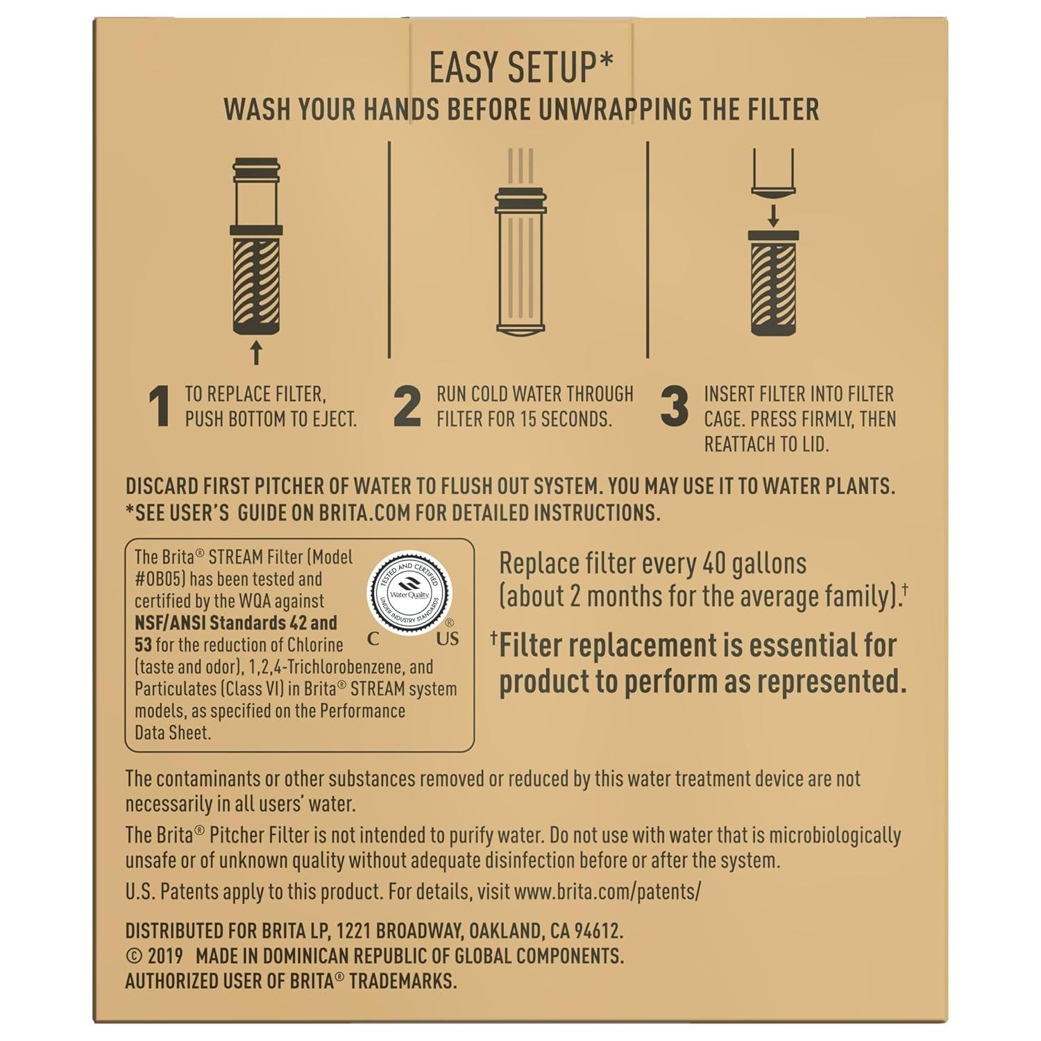 imageBrita Stream Pitcher Water Filter for Pitchers and Dispensers BPAFree Replaces 1800 Plastic Water Bottles a Year Lasts Two Months or 40 Gallons Includes 2 Filters