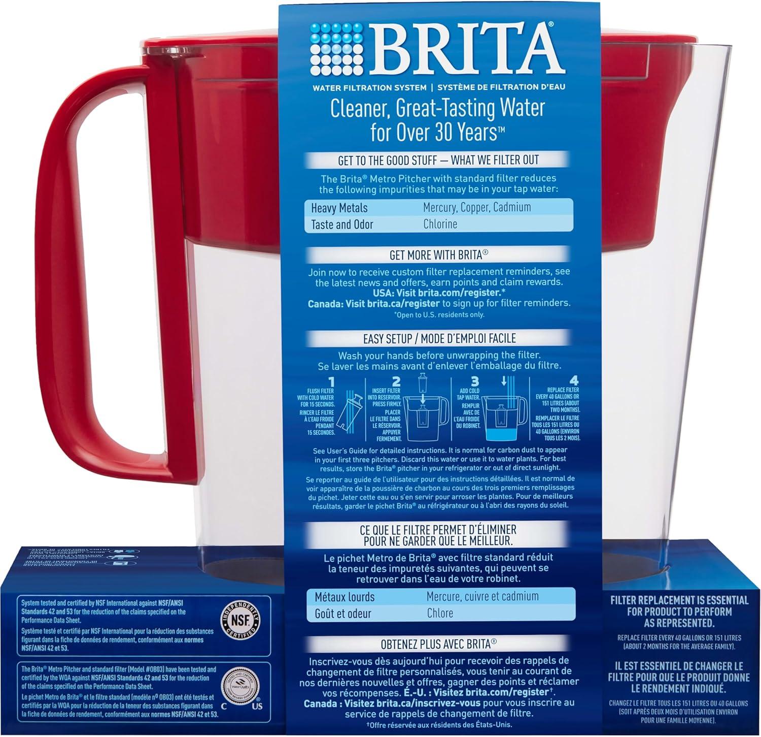 imageBrita Water Filter Pitcher for Tap and Drinking Water with 1 Standard Filter Lasts 2 Months 6Cup Capacity BPA Free Red