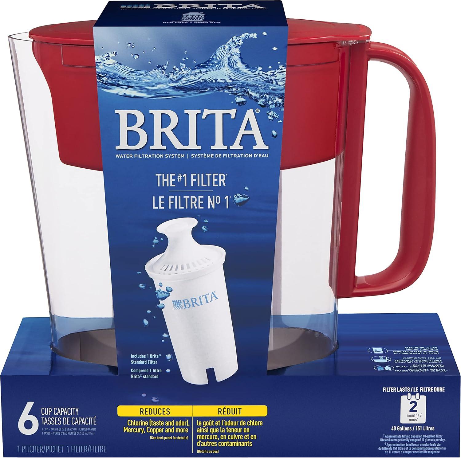 imageBrita Water Filter Pitcher for Tap and Drinking Water with 1 Standard Filter Lasts 2 Months 6Cup Capacity BPA Free Red
