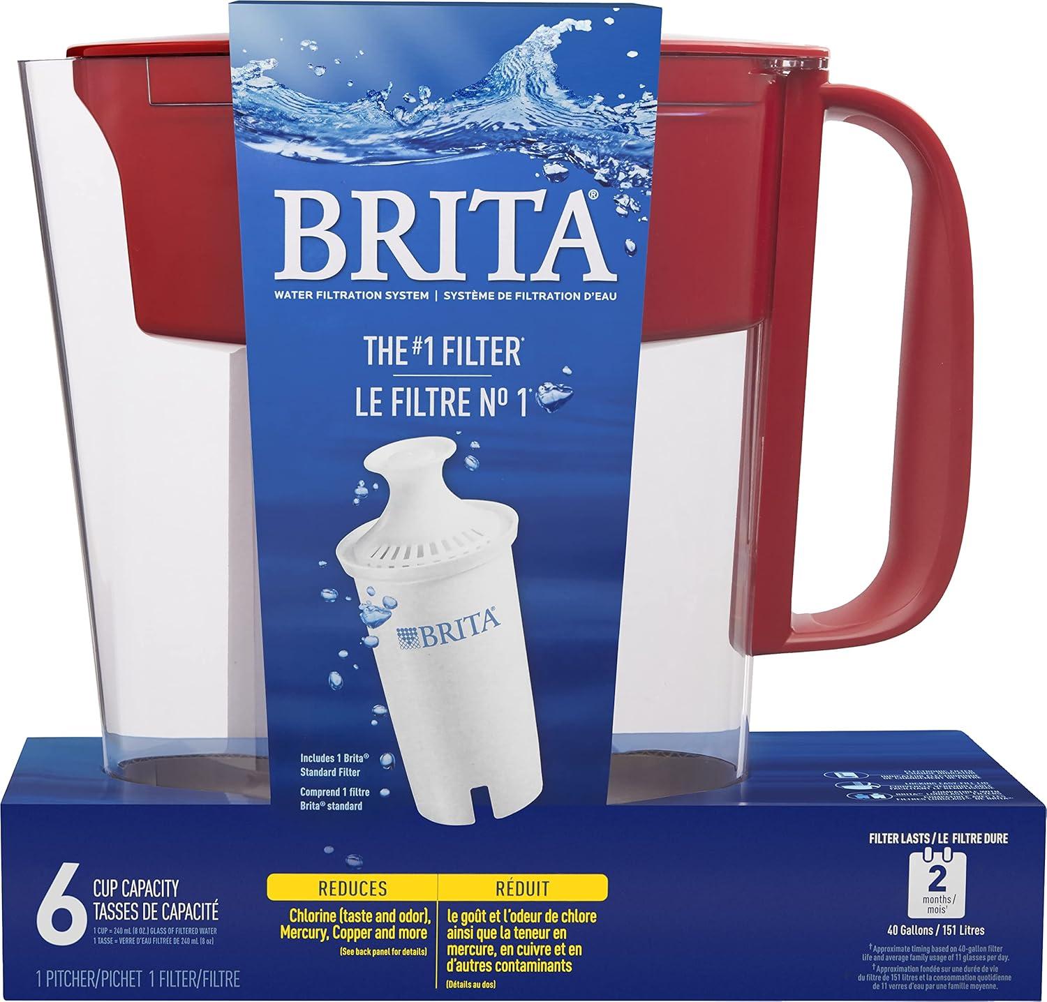 imageBrita Water Filter Pitcher for Tap and Drinking Water with 1 Standard Filter Lasts 2 Months 6Cup Capacity BPA Free Red