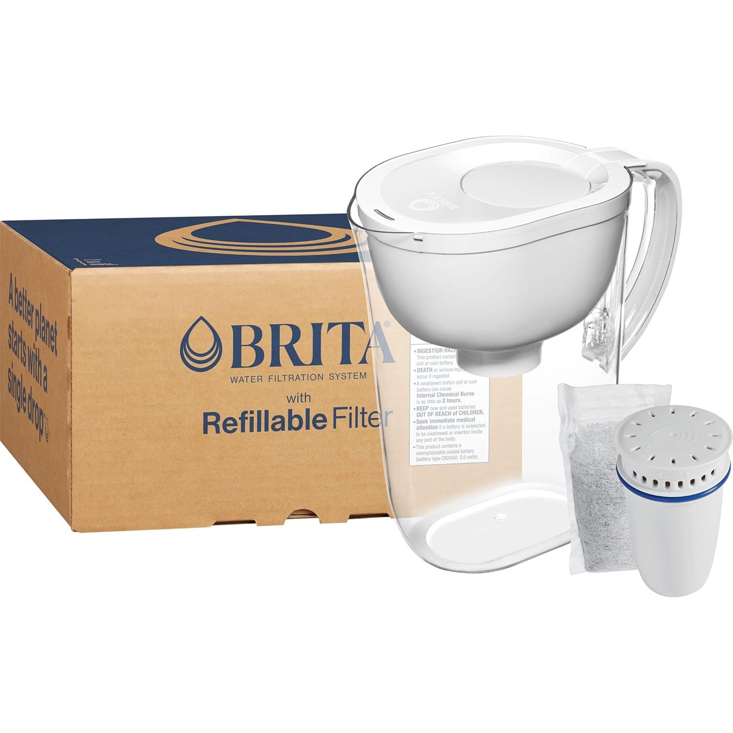imageBrita Refillable Water Filtration System with Large 10 Cup Pitcher 1 Shell and 1 Filter SmartLight Change Indicator BPAFree 80 Less Plastic Lasts Two Months Large 10Cup Capacity White