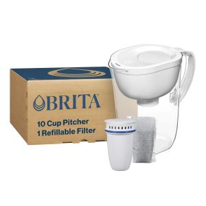 imageBrita Refillable Water Filtration System with Large 10 Cup Pitcher 1 Shell and 1 Filter SmartLight Change Indicator BPAFree 80 Less Plastic Lasts Two Months Large 10Cup Capacity White